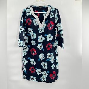 Talbots 100% Linen Dress Swim Cover Up Blue Floral Faux Pearl Bead Neckline Sz M